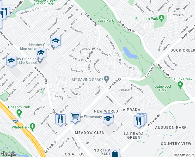 map of restaurants, bars, coffee shops, grocery stores, and more near 5206 Woodmeadow Drive in Garland
