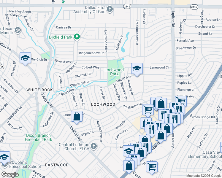 map of restaurants, bars, coffee shops, grocery stores, and more near 11724 Tuscany Way in Dallas