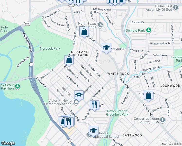 map of restaurants, bars, coffee shops, grocery stores, and more near 546 Bondstone Drive in Dallas