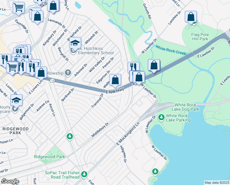 map of restaurants, bars, coffee shops, grocery stores, and more near 7333 East Northwest Highway in Dallas