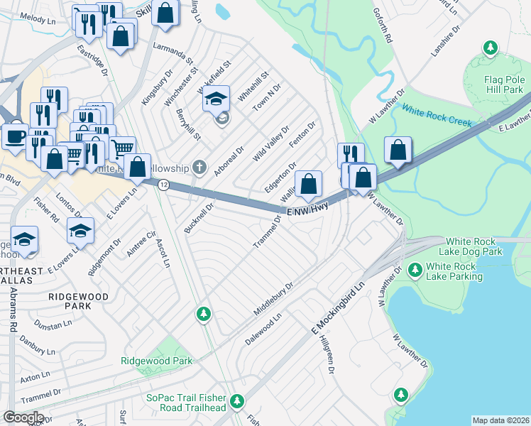 map of restaurants, bars, coffee shops, grocery stores, and more near 7120 Edgerton Drive in Dallas