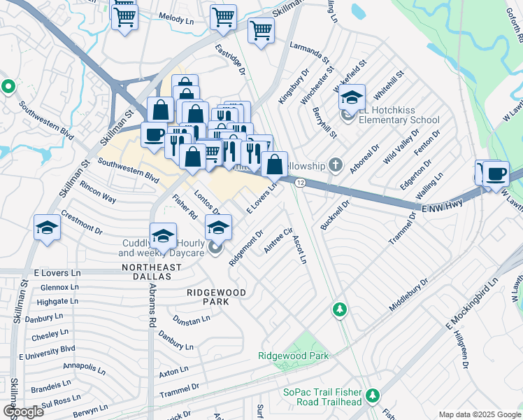 map of restaurants, bars, coffee shops, grocery stores, and more near 6646 East Lovers Lane in Dallas