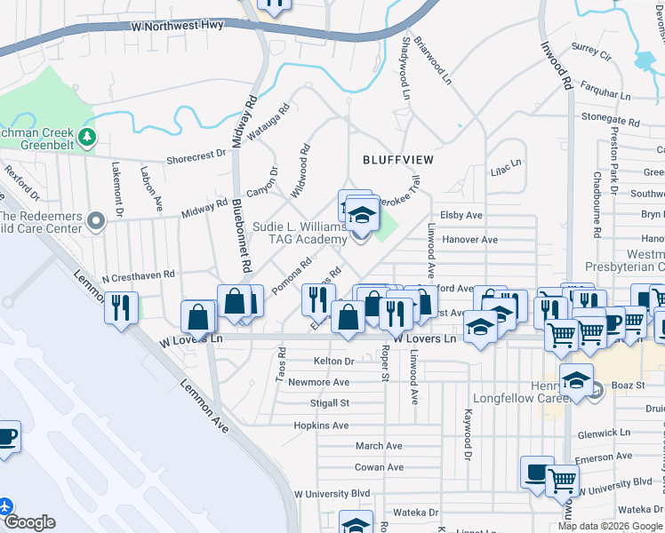 map of restaurants, bars, coffee shops, grocery stores, and more near 4459 Taos Road in Dallas