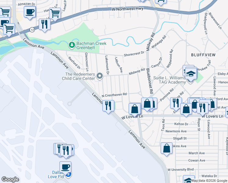 map of restaurants, bars, coffee shops, grocery stores, and more near 8419 Ridgelea Street in Dallas