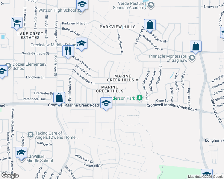 map of restaurants, bars, coffee shops, grocery stores, and more near 5421 Stone Meadow Lane in Fort Worth