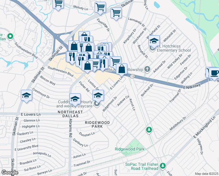 map of restaurants, bars, coffee shops, grocery stores, and more near 6603 East Lovers Lane in Dallas