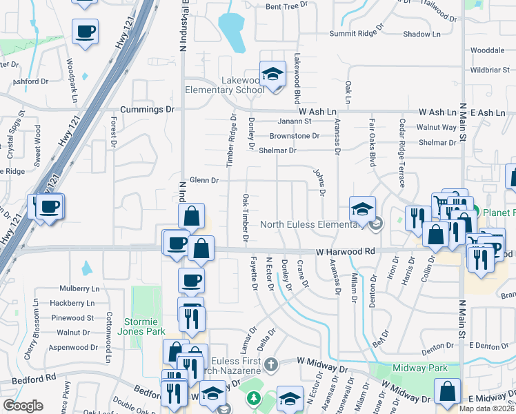 map of restaurants, bars, coffee shops, grocery stores, and more near 801 Chipwood Court in Euless