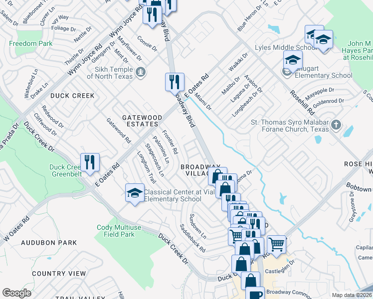 map of restaurants, bars, coffee shops, grocery stores, and more near 412 San Mateo Drive in Garland