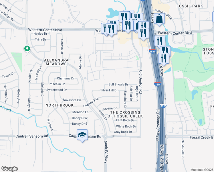 map of restaurants, bars, coffee shops, grocery stores, and more near 2674 Bull Shoals Drive in Fort Worth
