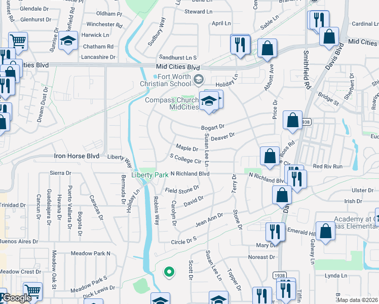 map of restaurants, bars, coffee shops, grocery stores, and more near 7413 Maple Drive in Fort Worth