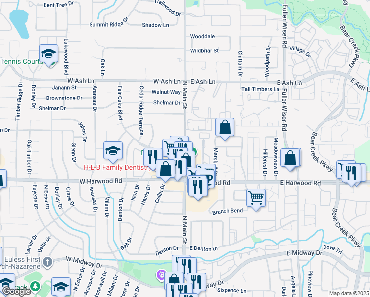 map of restaurants, bars, coffee shops, grocery stores, and more near 1307 North Main Street in Euless