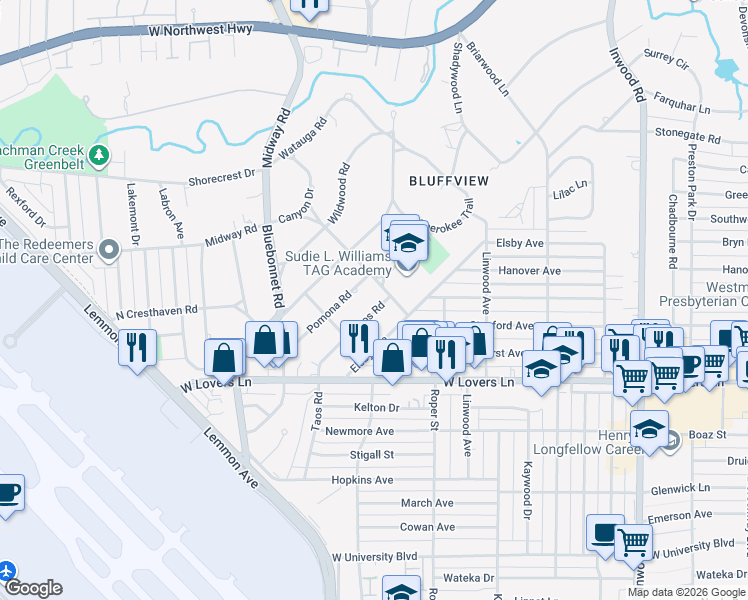 map of restaurants, bars, coffee shops, grocery stores, and more near 4459 Taos Road in Dallas