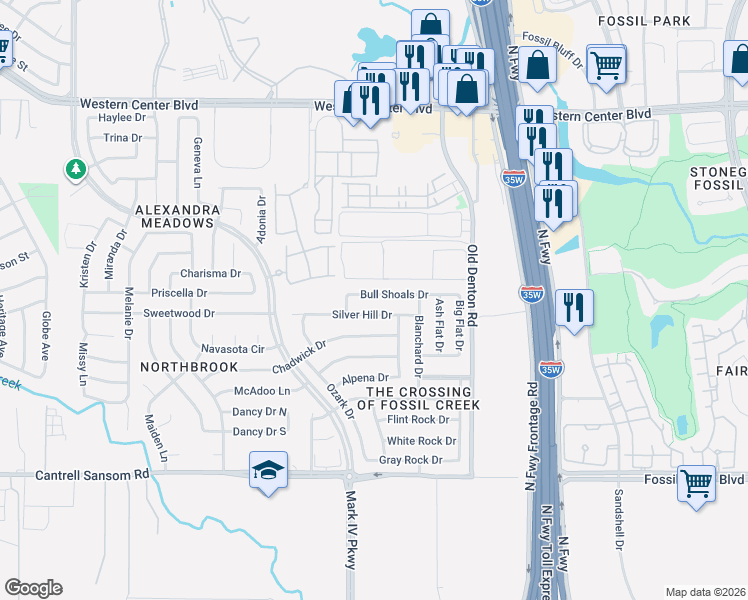 map of restaurants, bars, coffee shops, grocery stores, and more near 2699 Bull Shoals Drive in Fort Worth