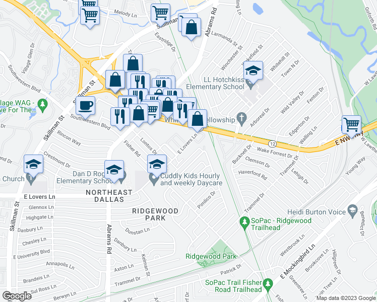 map of restaurants, bars, coffee shops, grocery stores, and more near 6646 East Lovers Lane in Dallas
