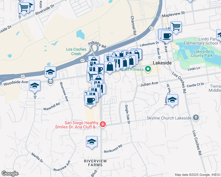 map of restaurants, bars, coffee shops, grocery stores, and more near 9725 Winter Gardens Boulevard in Lakeside