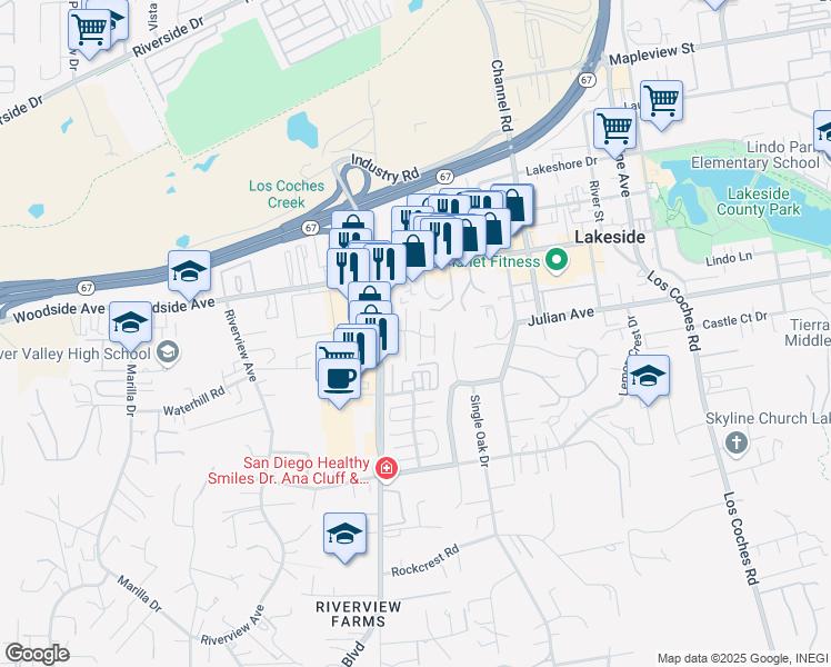 map of restaurants, bars, coffee shops, grocery stores, and more near 9725 Winter Gardens Boulevard in Lakeside