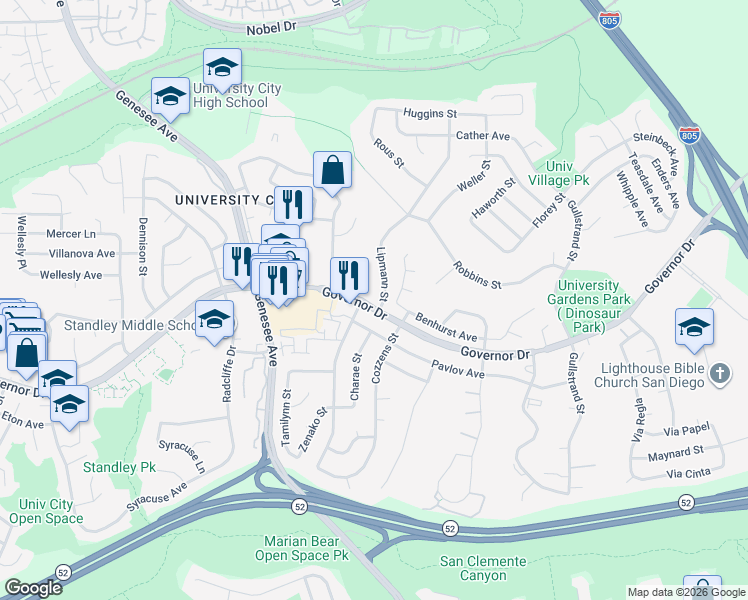 map of restaurants, bars, coffee shops, grocery stores, and more near 4224 Governor Drive in San Diego