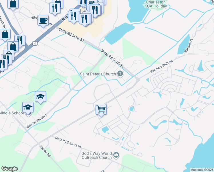 map of restaurants, bars, coffee shops, grocery stores, and more near 1439 Hamlin Park Circle in Mount Pleasant