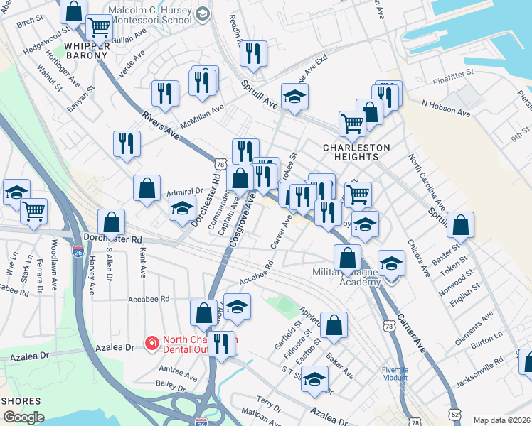 map of restaurants, bars, coffee shops, grocery stores, and more near 3349 Rivers Avenue in North Charleston