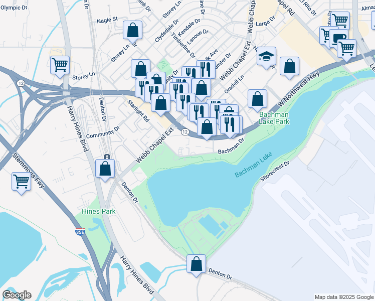 map of restaurants, bars, coffee shops, grocery stores, and more near 2807 Bachman Drive in Dallas