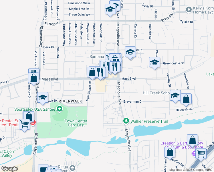 map of restaurants, bars, coffee shops, grocery stores, and more near 10150 Palm Glen Drive in Santee