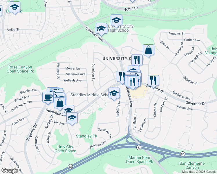 map of restaurants, bars, coffee shops, grocery stores, and more near 3764 Governor Drive in San Diego