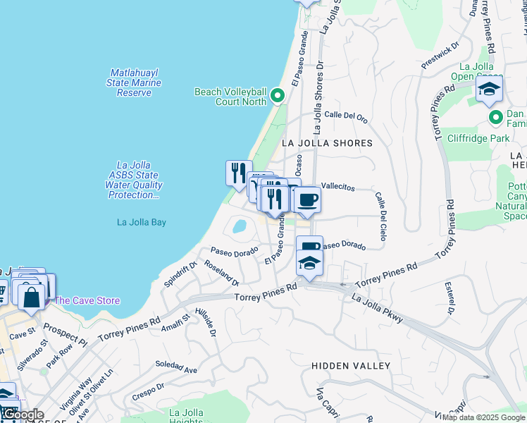map of restaurants, bars, coffee shops, grocery stores, and more near 8115 Camino del Sol in San Diego