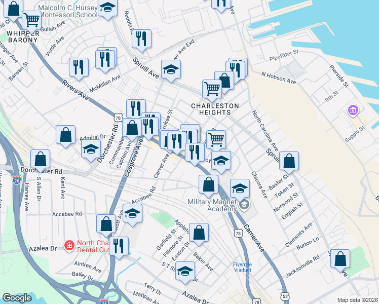 map of restaurants, bars, coffee shops, grocery stores, and more near 2017 Reynolds Avenue in North Charleston