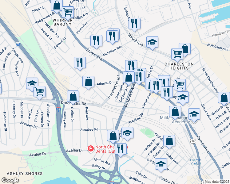 map of restaurants, bars, coffee shops, grocery stores, and more near 2134 Dorchester Road in North Charleston