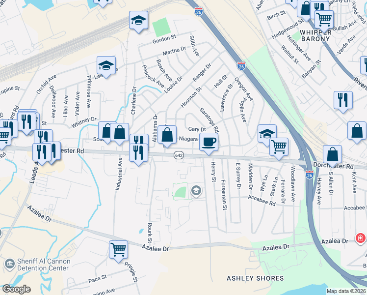 map of restaurants, bars, coffee shops, grocery stores, and more near 4003 Niagara Street in North Charleston