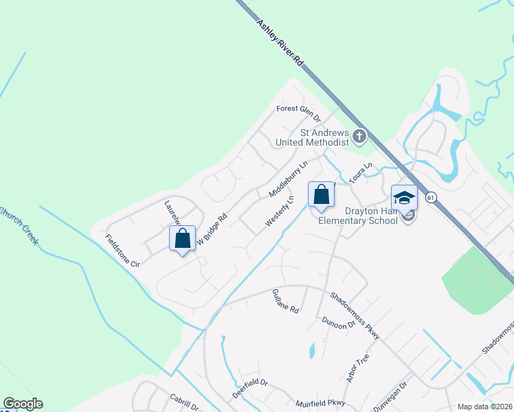 map of restaurants, bars, coffee shops, grocery stores, and more near 3298 Middleburry Lane in Charleston