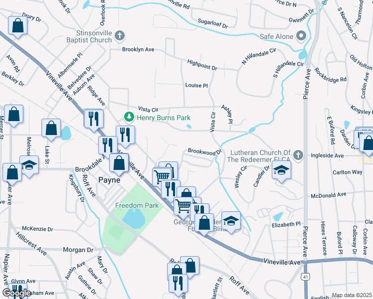 map of restaurants, bars, coffee shops, grocery stores, and more near 3175 Brookwood Drive in Macon