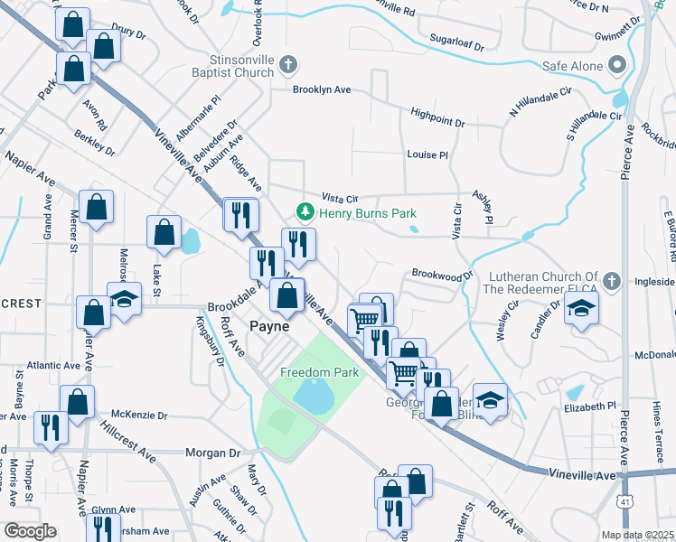 map of restaurants, bars, coffee shops, grocery stores, and more near 213 Riley Avenue in Macon