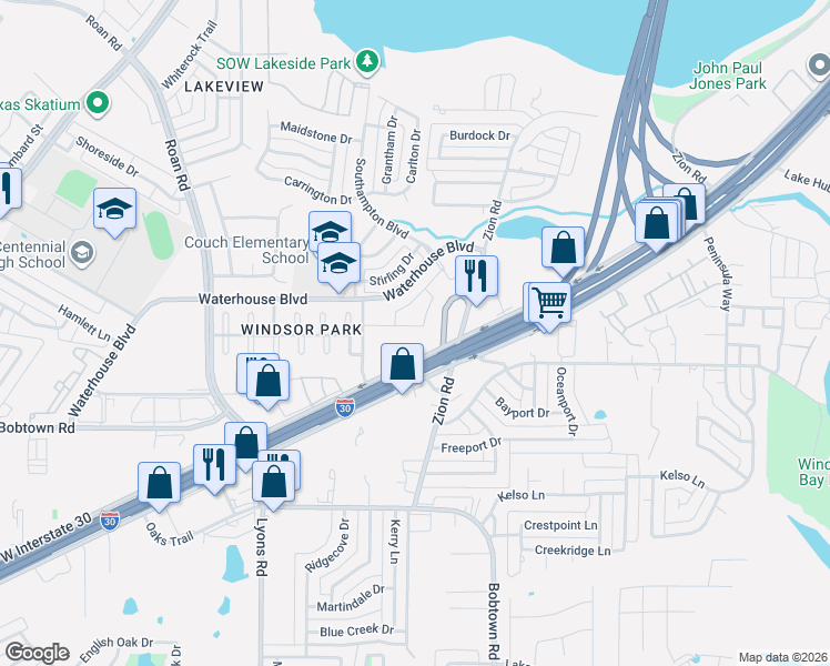 map of restaurants, bars, coffee shops, grocery stores, and more near 4800 Zion Road in Garland