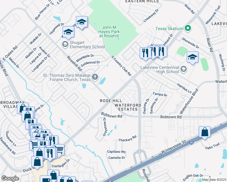 map of restaurants, bars, coffee shops, grocery stores, and more near 1185 Rowlett Road in Garland