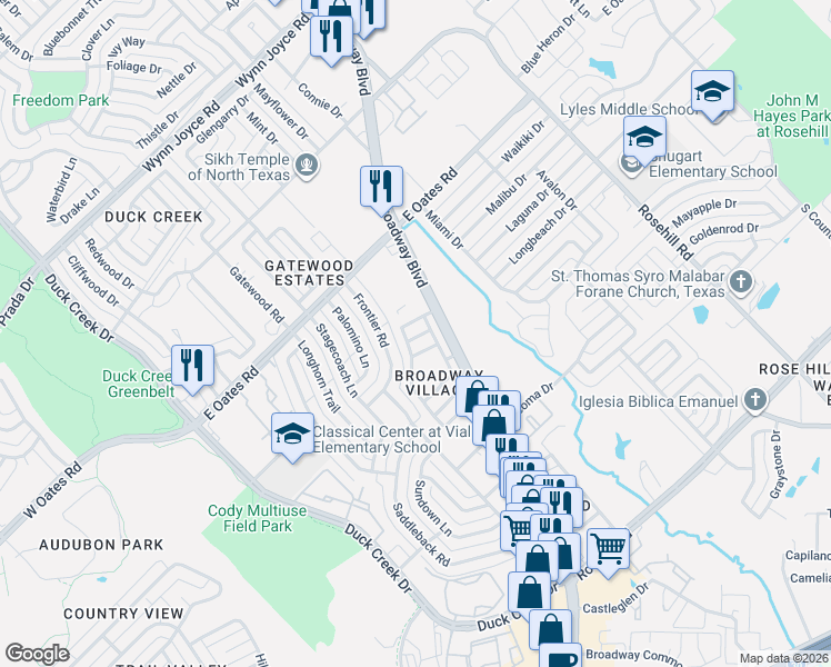 map of restaurants, bars, coffee shops, grocery stores, and more near 412 San Mateo Drive in Garland