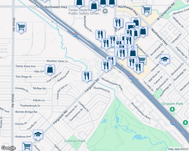 map of restaurants, bars, coffee shops, grocery stores, and more near 11611 Ferguson Road in Dallas