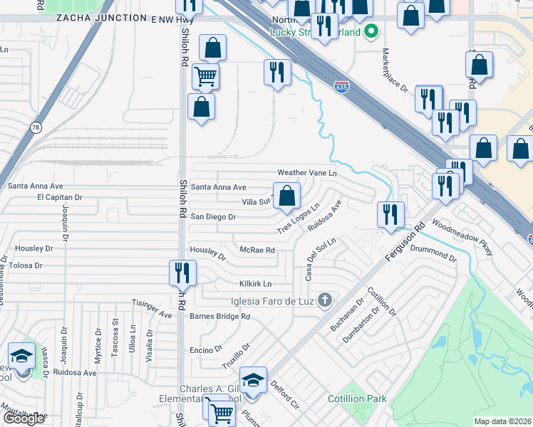 map of restaurants, bars, coffee shops, grocery stores, and more near 3065 San Diego Drive in Dallas