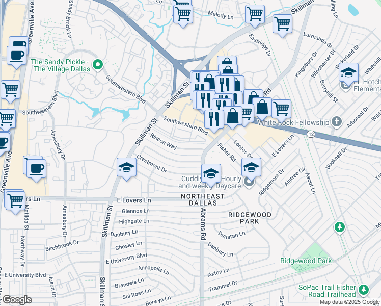 map of restaurants, bars, coffee shops, grocery stores, and more near 6248 Rincon Way in Dallas