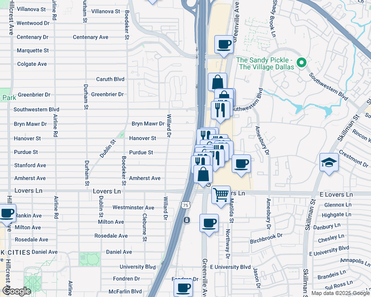 map of restaurants, bars, coffee shops, grocery stores, and more near 7912 Hanover Street in Dallas