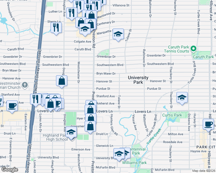 map of restaurants, bars, coffee shops, grocery stores, and more near 4049 Hanover Street in Dallas