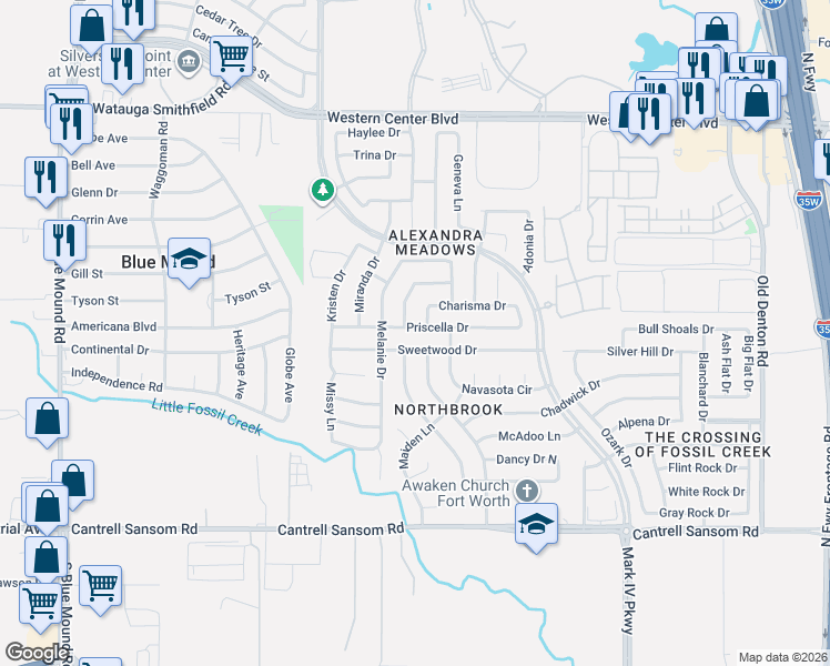 map of restaurants, bars, coffee shops, grocery stores, and more near 2201 Charisma Drive in Fort Worth