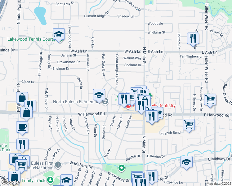 map of restaurants, bars, coffee shops, grocery stores, and more near 301 Fair Oaks Boulevard in Euless