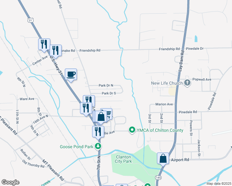 map of restaurants, bars, coffee shops, grocery stores, and more near 69 Park Drive South in Clanton