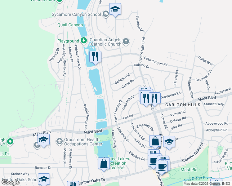map of restaurants, bars, coffee shops, grocery stores, and more near 9720 Settle Road in Santee