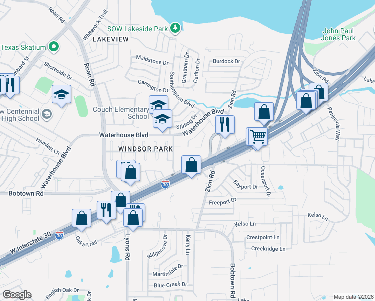 map of restaurants, bars, coffee shops, grocery stores, and more near 4800 Zion Road in Garland