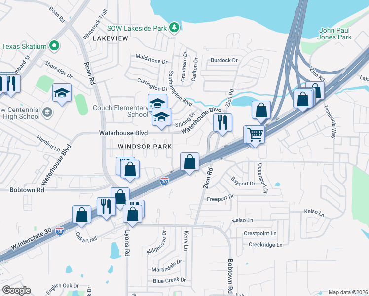 map of restaurants, bars, coffee shops, grocery stores, and more near 4800 Zion Road in Garland