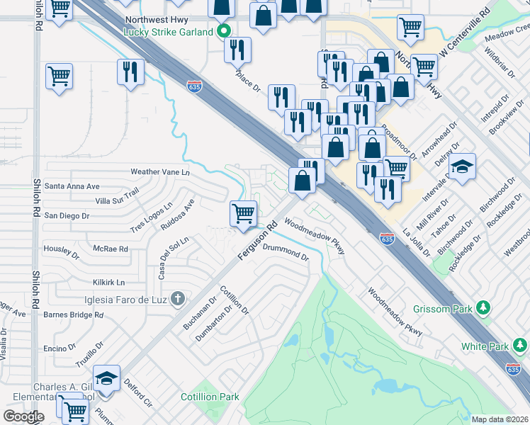 map of restaurants, bars, coffee shops, grocery stores, and more near 11611 Ferguson Road in Dallas