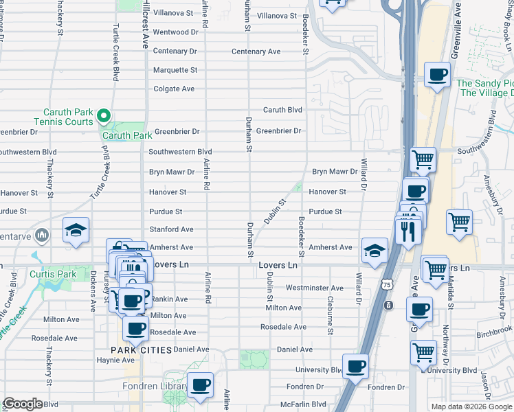 map of restaurants, bars, coffee shops, grocery stores, and more near 3025 Hanover Street in Dallas