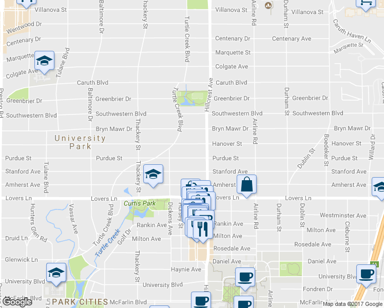 map of restaurants, bars, coffee shops, grocery stores, and more near 3405 Hanover Street in Dallas
